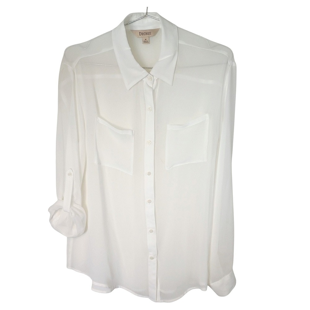 Vintage Decree Womens White Button Down Blouse Roll Tab Sleeve Semi Sheer Top M